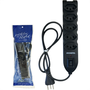 Filtro Linha Dicompel 5 Tomadas 2P+T. Preto 10A. Com Chave Liga Desliga Bivolt - Dc-605/13