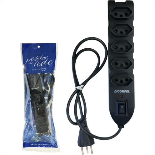 Filtro Linha Dicompel 5 Tomadas 2P+T. Preto 10A. Com Chave Liga Desliga Bivolt - Dc-605/13