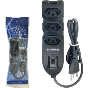 Filtro Linha Dicompel 3 Tomadas 2P+T. Preto 10A. Com Chave Liga Desliga Bivolt - Dc-605/9