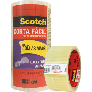 Fita Adesiva Embalagem 3M Transparente Corta Facil 45Mm X 40M - Kit C/4 Pecas