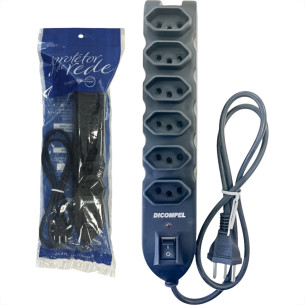 Filtro Linha Dicompel 6 Tomadas 2P+T. Preto 10A. Com Chave Liga Des Liga Bivolt - Dc-605/15