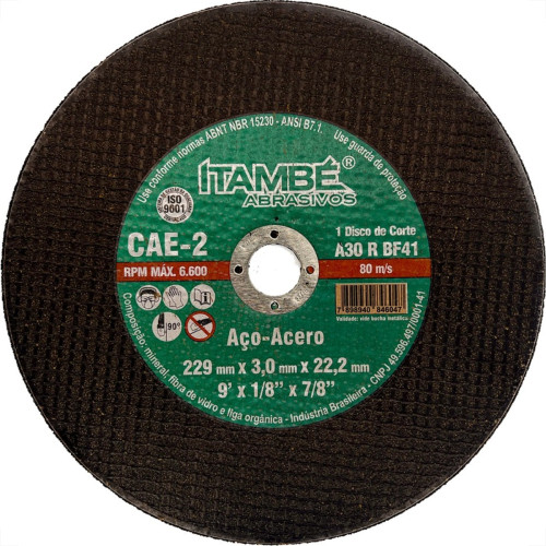 Disco Corte Ferro Itambe 9''X1/8''X7/8''- 2 Telas Cae-2 Disco Corte Ferro Itambe 9''X1/8''X7/8''- 2 Telas Cae-2