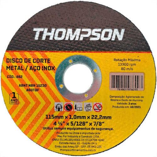 Disco Aco Inox Thompson - 4.1/2''X5/128''X7/8'' - Fino 1,0Mm - Kit C/10 Pecas Disco Aco Inox Thompson - 4.1/2''X5/128''X7/8'' - Fino 1,0Mm - Kit C/10 Pecas