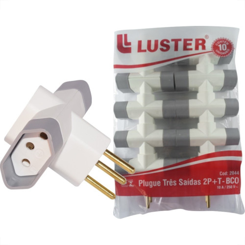 Pino 3 Saidas Luster 2 Polos+Terra 10A. Branco/Cinza - 2044 - Kit C/10 Pecas Pino 3 Saidas Luster 2 Polos+Terra 10A. Branco/Cinza - 2044 - Kit C/10 Pecas