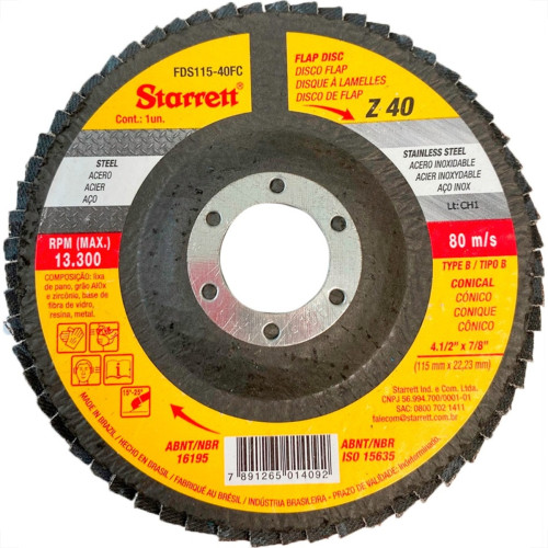 Disco Flap Starrett 4.1/2'' X 7/8''- Grao 40 Disco Flap Starrett 4.1/2'' X 7/8''- Grao 40