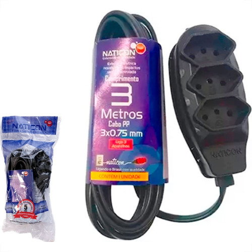 Extensao Naticon Pp 2 Polos + Terra 0,75Mm Preta - 3M Extensao Naticon Pp 2 Polos + Terra 0,75Mm Preta - 3M