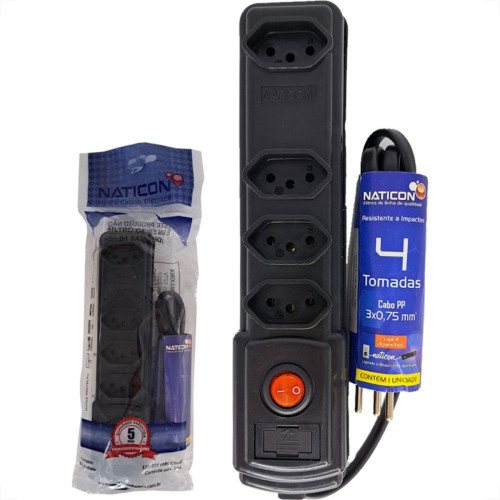 Filtro Linha Naticon 4 Tomadas 2P+T Preto Filtro Linha Naticon 4 Tomadas 2P+T Preto