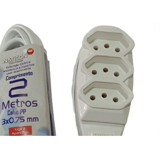Extensao Naticon Pp 0,75 02Mt 2P+T10A Branco