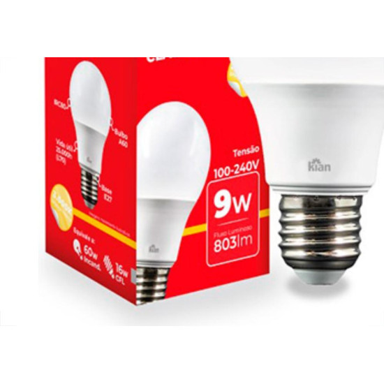 Lampada Led Bulbo 09W 3000K Bivolt Kian - Kit C/10 Unidades