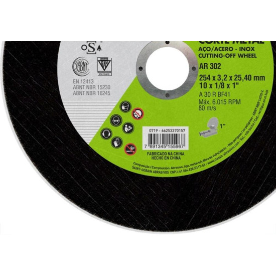 Disco De Corte Para Ferro Norton 10 X 1/8 X 1'' 302 