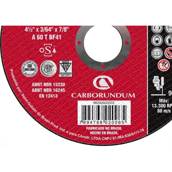 Disco De Corte Para Inox Carborundum 4.1/2 X 1,0Mm X 7/8 Disco De Corte Para Inox Carborundum 4.1/2 X 1,0Mm X 7/8