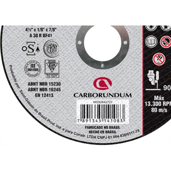 Disco De Corte Para Ferro Carborundum 4.1/2 X 1/8 X 7/8 Disco De Corte Para Ferro Carborundum 4.1/2 X 1/8 X 7/8
