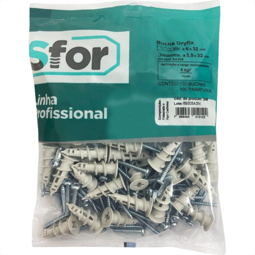 Bucha Fixacao Sforplast Gesso Dry-Fix Com Parafuso 100 Pecas 246