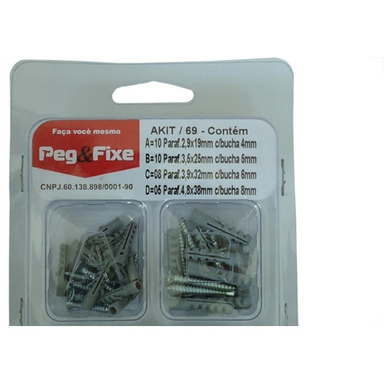 Cartela Bucha Fixacao 4A8Mm+Parafuso Phillips Peg&Fixe Kit 66 Pecas Akit/69 Cartela Bucha Fixacao 4A8Mm+Parafuso Phillips Peg&Fixe Kit 66 Pecas Akit/69
