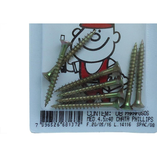 Cartela Parafuso Madeira Phillips Chata 4,5 X 40Mm Peg&Fixe 8 Pecas Apac/08 Cartela Parafuso Madeira Phillips Chata 4,5 X 40Mm Peg&Fixe 8 Pecas Apac/08
