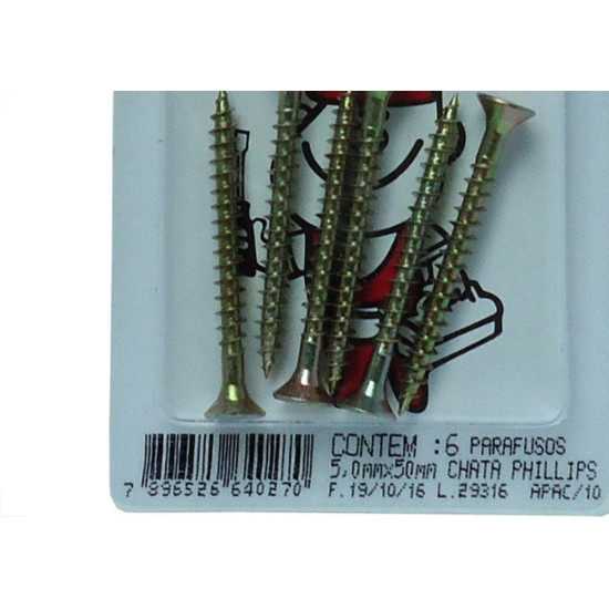Cartela Parafuso Madeira Phillips Chata 5,0 X 50Mm Peg&Fixe 6 Pecas Apac/10 Cartela Parafuso Madeira Phillips Chata 5,0 X 50Mm Peg&Fixe 6 Pecas Apac/10