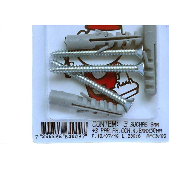 Cartela Bucha Fixacao 08+Parafuso Phillips 4,8 X 50 Peg&Fixe Kit 6 Pecas Apcb/09 Cartela Bucha Fixacao 08+Parafuso Phillips 4,8 X 50 Peg&Fixe Kit 6 Pecas Apcb/09