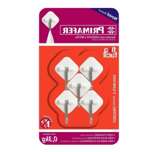 Gancho Adesivo Primafer Branco Plastico/Metal 0,3 Kg 5Peca Losango Pr2561