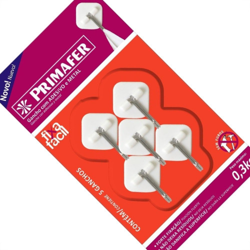Gancho Adesivo Primafer Branco Plastico/Metal 0,3 1Kg 5 Pecas Losango Pr2561