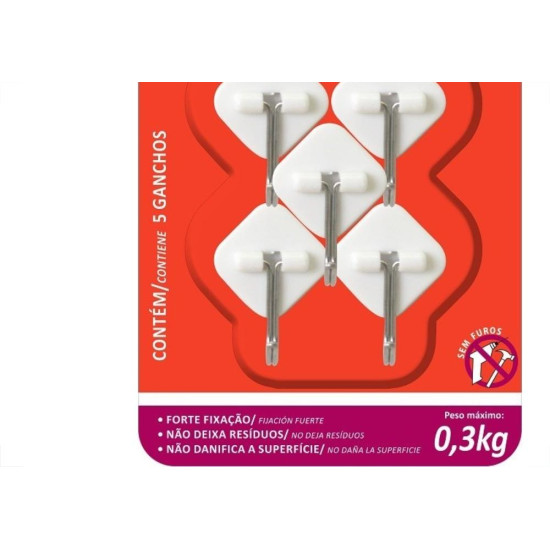 Gancho Adesivo Primafer Branco Plastico/Metal 0,3 1Kg 5 Pecas Losango Pr2561