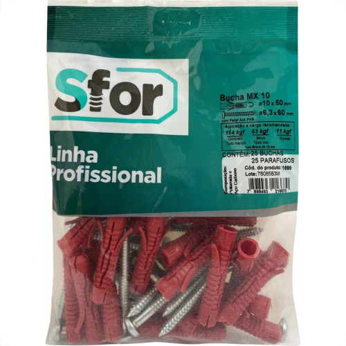 Bucha Fixacao Sforplast Mx 10 Com Parafuso 25 Pecas 1699