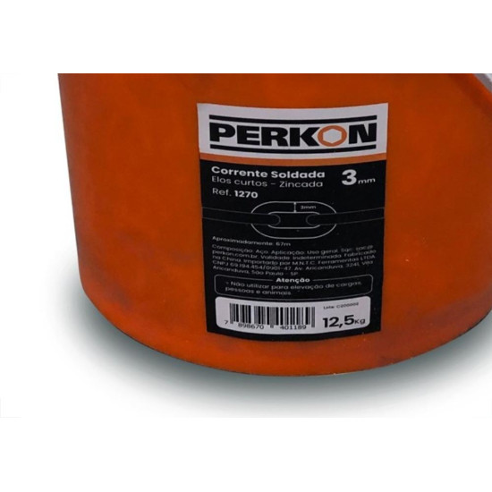 Corrente Soldada Perkon Zincada 3Mm 12,5Kg Aproximadamente 62M 1270