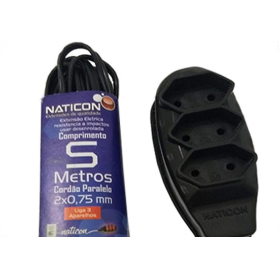 Extensao Naticon Tripla Paralela 2X0,75 Preta 5M 561