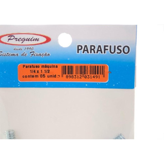 Cartela Parafuso Rosca Maquina Preguim   Redonda 1/4 X 11/2+Porca+Arruela Com 05 Pecas 1491