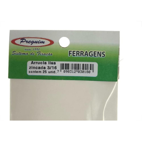 Cartela Arruela Lisa Zincado  3/16'' Preguim Com 25 Pecas 0180