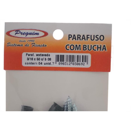 Cartela Parafuso Madeira Preguim Com Bucha 08Mm Sextavado Com 04 Pecas 0692 Cartela Parafuso Madeira Preguim Com Bucha 08Mm Sextavado Com 04 Pecas 0692