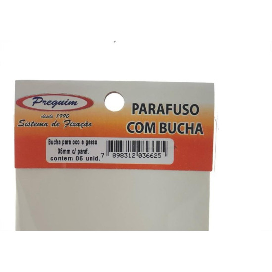 Cartela Bucha Fixacao Preguim Baiano/Gesso 06 Com Parafuso Com 06 Pecas 6625