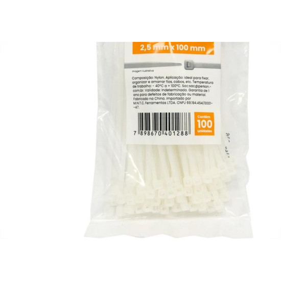 Abracadeira Nylon Perkon Branca 2,5X100 100 Pecas 1248