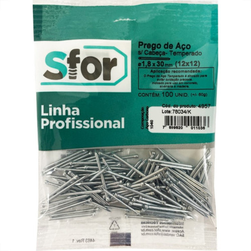 Prego Aco Sforplast Sem Cabeca 12X12 (1,80X28mm) (1,80X28mm) 100pcs 4957