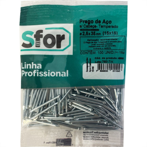 Prego Aco Sforplast Sem Cabeca 15X15 (2,40X34mm) (2,40X34mm) 100pcs 4958