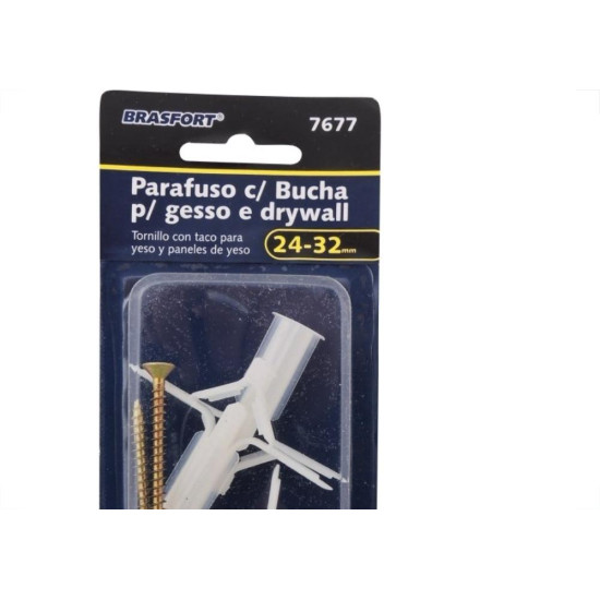 Cartela Bucha Fixacao Drywal Brasfort 24-32Mm+Parafuso Phillips Kit 4 Pecas 7677 Cartela Bucha Fixacao Drywal Brasfort 24-32Mm+Parafuso Phillips Kit 4 Pecas 7677