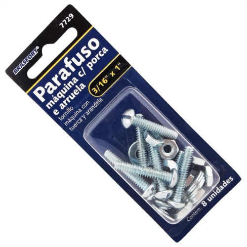 Cartela Parafuso Rosca Maquina Brasfort Redonda 3/16 X 1+Porca+Arruela Cartela Com 10 Pecas 7729 Cartela Parafuso Rosca Maquina Brasfort Redonda 3/16 X 1+Porca+Arruela Cartela Com 10 Pecas 7729
