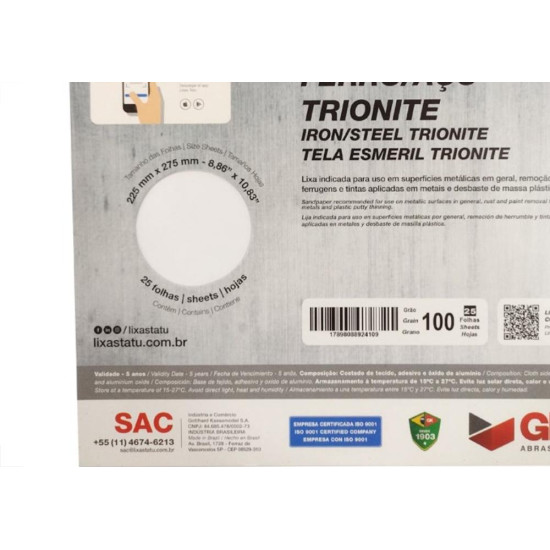 Lixa Ferro Tatu 100 Trionite K29601000025 - Kit C/25 Lixa Ferro Tatu 100 Trionite K29601000025 - Kit C/25