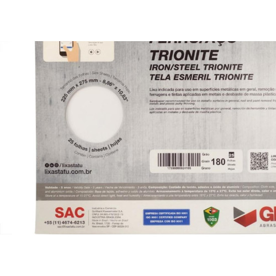 Lixa Ferro Tatu 180 Trionite K29601800025 - Kit C/25 Lixa Ferro Tatu 180 Trionite K29601800025 - Kit C/25