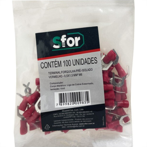 Pre-Isolado Sforplast Forquilha 0,5/1,5 Vermelho M6 100pcs 4779 Pre-Isolado Sforplast Forquilha 0,5/1,5 Vermelho M6 100pcs 4779