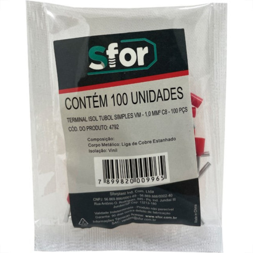 Pre-Isolado Sforplast Ilhos 1,00 C8 Vermelho 100pcs 4792 Pre-Isolado Sforplast Ilhos 1,00 C8 Vermelho 100pcs 4792