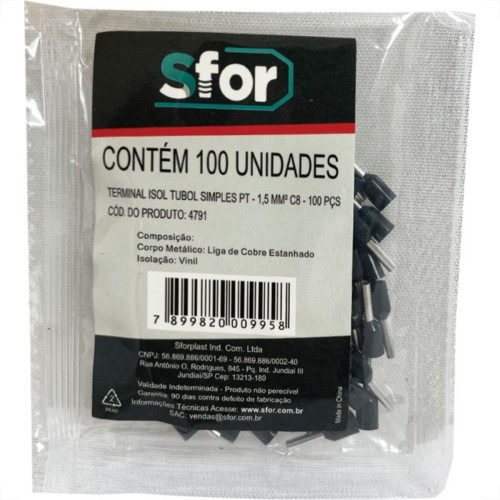 Pre-Isolado Sforplast Ilhos 1,50 C8 Preto 100pcs 4791 Pre-Isolado Sforplast Ilhos 1,50 C8 Preto 100pcs 4791