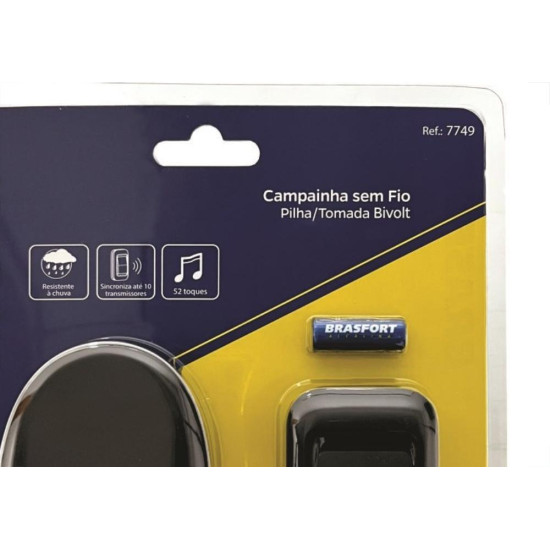 Campainha Sem Fio Brasfort Pilha/Tomada 52 Toques Preta 7749 Campainha Sem Fio Brasfort Pilha/Tomada 52 Toques Preta 7749