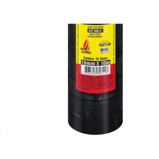Fita Isolante Adelbras 10Mx19Mm Preta - Kit C/10 Fita Isolante Adelbras 10Mx19Mm Preta - Kit C/10