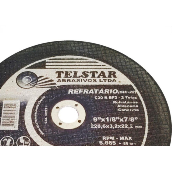 Disco De Corte Para Refratario Telstar 9 X 1/8 X 7/8 2 Telas 302211 - Kit C/5 Disco De Corte Para Refratario Telstar 9 X 1/8 X 7/8 2 Telas 302211 - Kit C/5