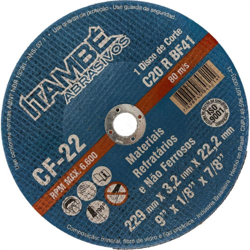 Disco Corte Refratario Itambe 9''X1/8''X7/8''- 2 Telas Cf-22 Disco Corte Refratario Itambe 9''X1/8''X7/8''- 2 Telas Cf-22