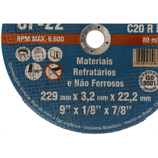 Disco Corte Refratario Itambe 9''X1/8''X7/8''- 2 Telas Cf-22 Disco Corte Refratario Itambe 9''X1/8''X7/8''- 2 Telas Cf-22