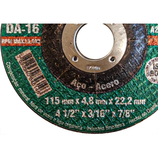 Disco Desbaste Itambe 4.1/2''X3/16''X7/8'' - Da-16 - 7060 Disco Desbaste Itambe 4.1/2''X3/16''X7/8'' - Da-16 - 7060