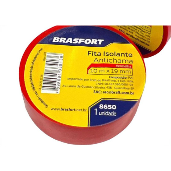 Fita Isolante Brasfort 10M Vermelha - 8650 - Kit C/10 Pecas