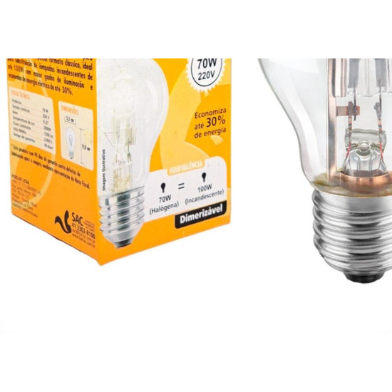 Lampada Halogena A-60 Foxlux 70W. E-27 220V. - Kit C/10 Pecas