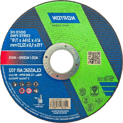 Disco Aco Inox Norton Classic Ar 102 - 4.1/2''X3/64''X7/8'' - Fino 1,0Mm Disco Aco Inox Norton Classic Ar 102 - 4.1/2''X3/64''X7/8'' - Fino 1,0Mm